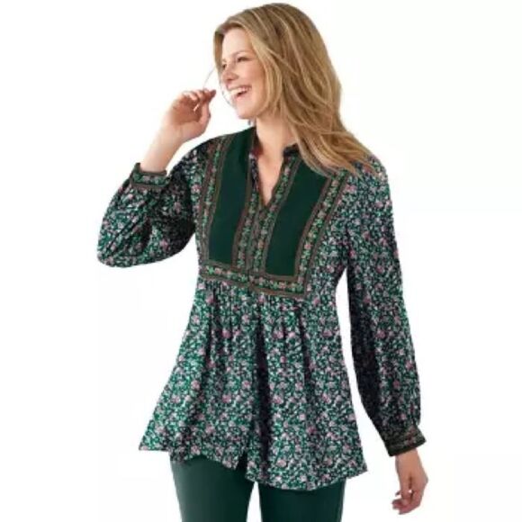 Woman Within Green and Pink Floral Tunic Size 1X Long Sleeve Top Shirt - Picture 1 of 9